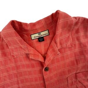 Tommy Bahama Mens L Button Up Shirt Orange Silk Grid Camp Pocket Short Sleeve